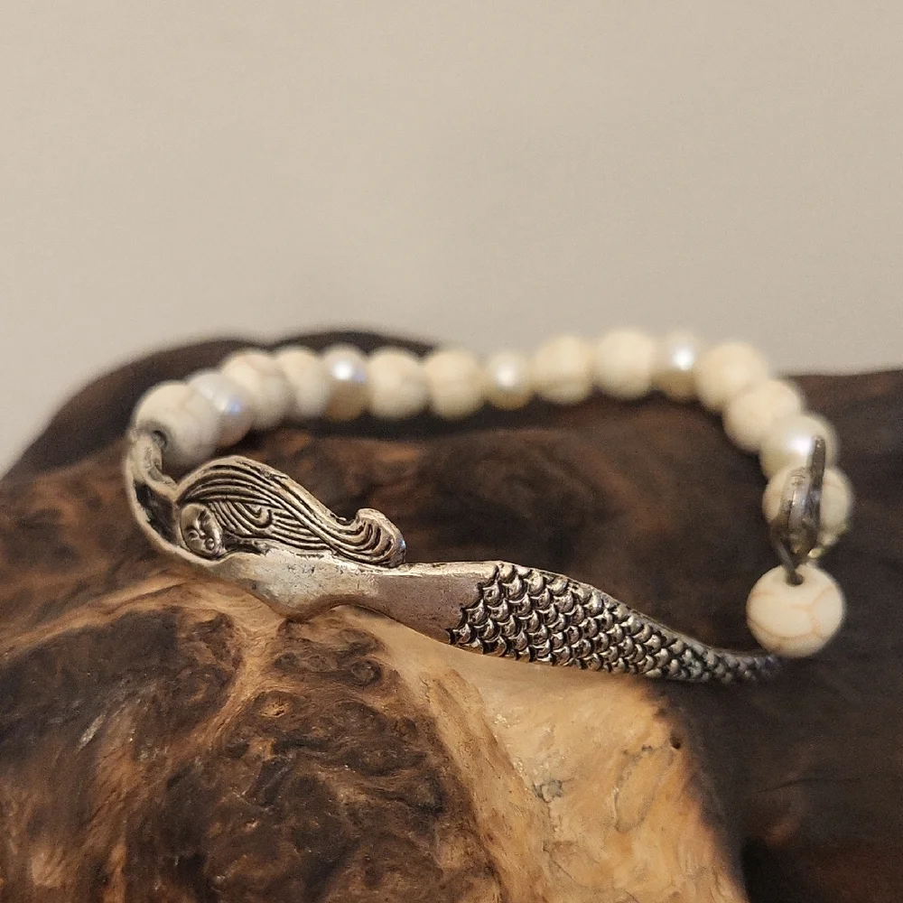 Mermaid  Silver, Pearl, & Gemstone Stretch Bracelet